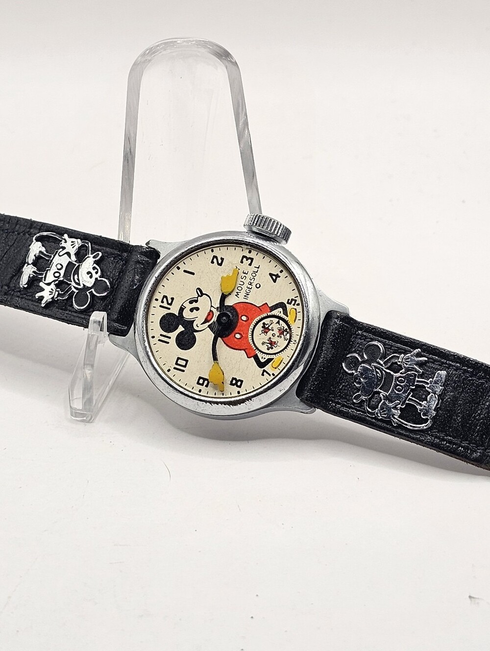 Vintage 1934 32mm Ingersoll Mickey Mouse Wristwatch Leather Band Non Working